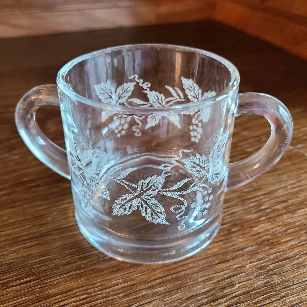 Vintage 50s Clear Glass Sugar Bowl Acid Etched With Grapes, Vine And Leaf Design